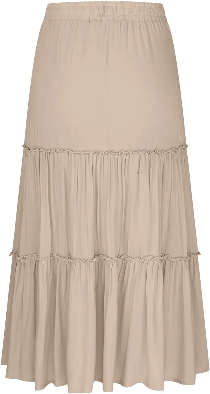 Women's Maxi Skirts Tiered A-Line Pleated Long Skirt Summer Drawstring High Waist Boho Beach Vacation Travel Outfits