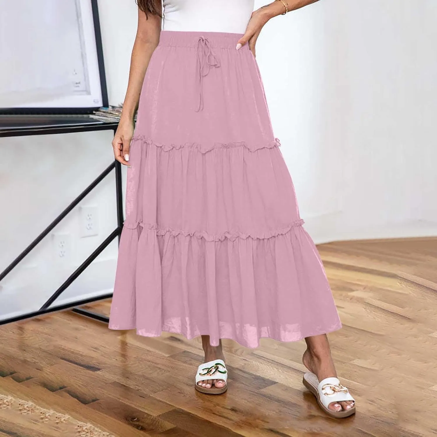Women's Maxi Skirts Tiered A-Line Pleated Long Skirt Summer Drawstring High Waist Boho Beach Vacation Travel Outfits
