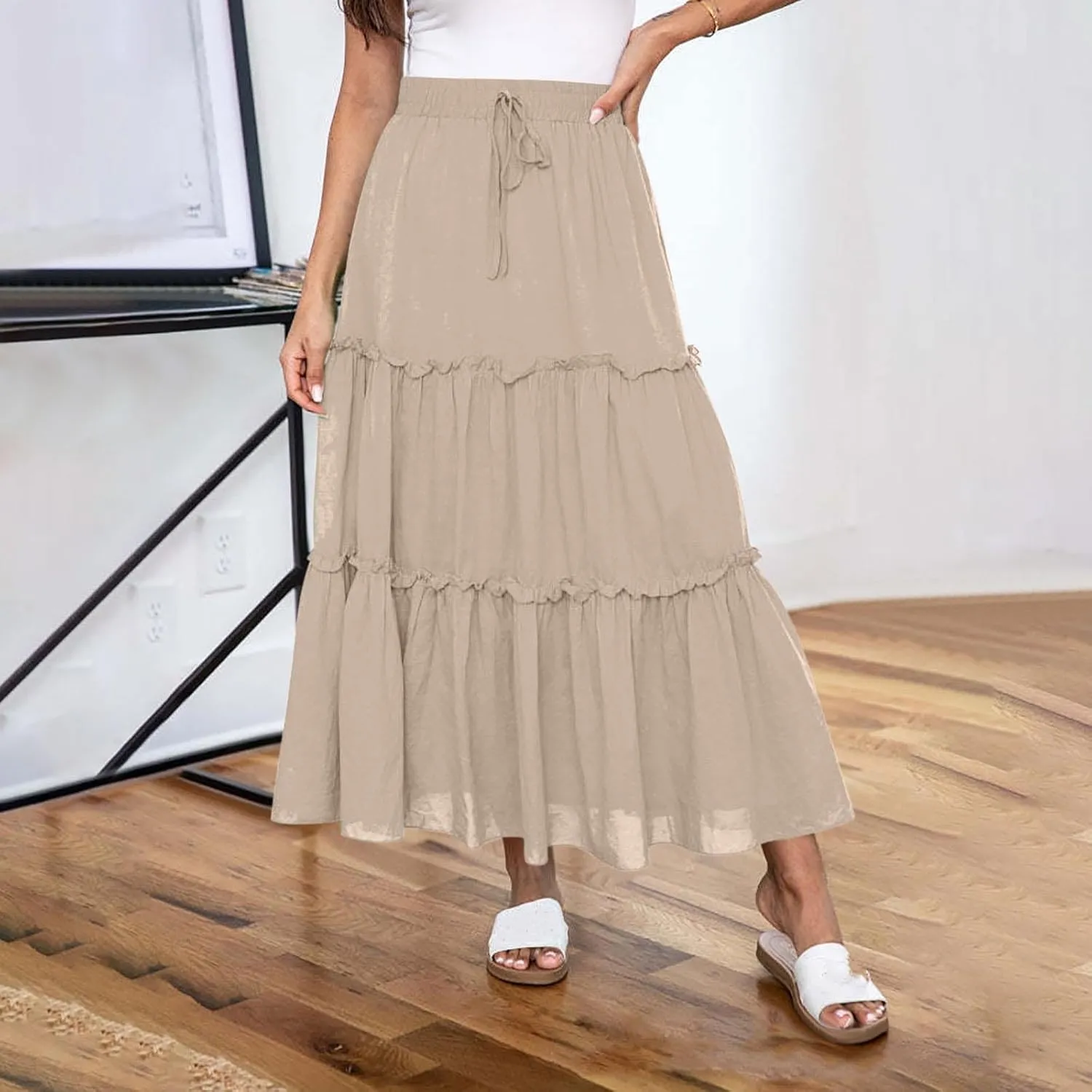 Women's Maxi Skirts Tiered A-Line Pleated Long Skirt Summer Drawstring High Waist Boho Beach Vacation Travel Outfits