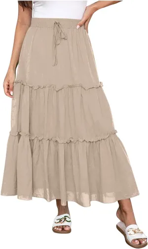 Women's Maxi Skirts Tiered A-Line Pleated Long Skirt Summer Drawstring High Waist Boho Beach Vacation Travel Outfits