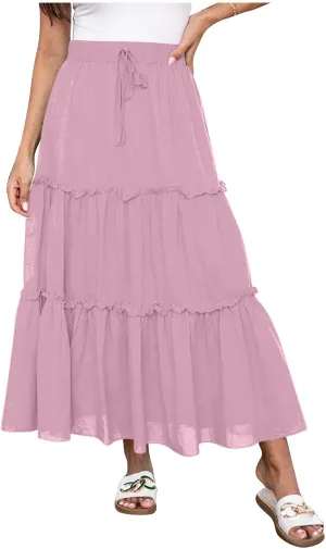 Women's Maxi Skirts Tiered A-Line Pleated Long Skirt Summer Drawstring High Waist Boho Beach Vacation Travel Outfits