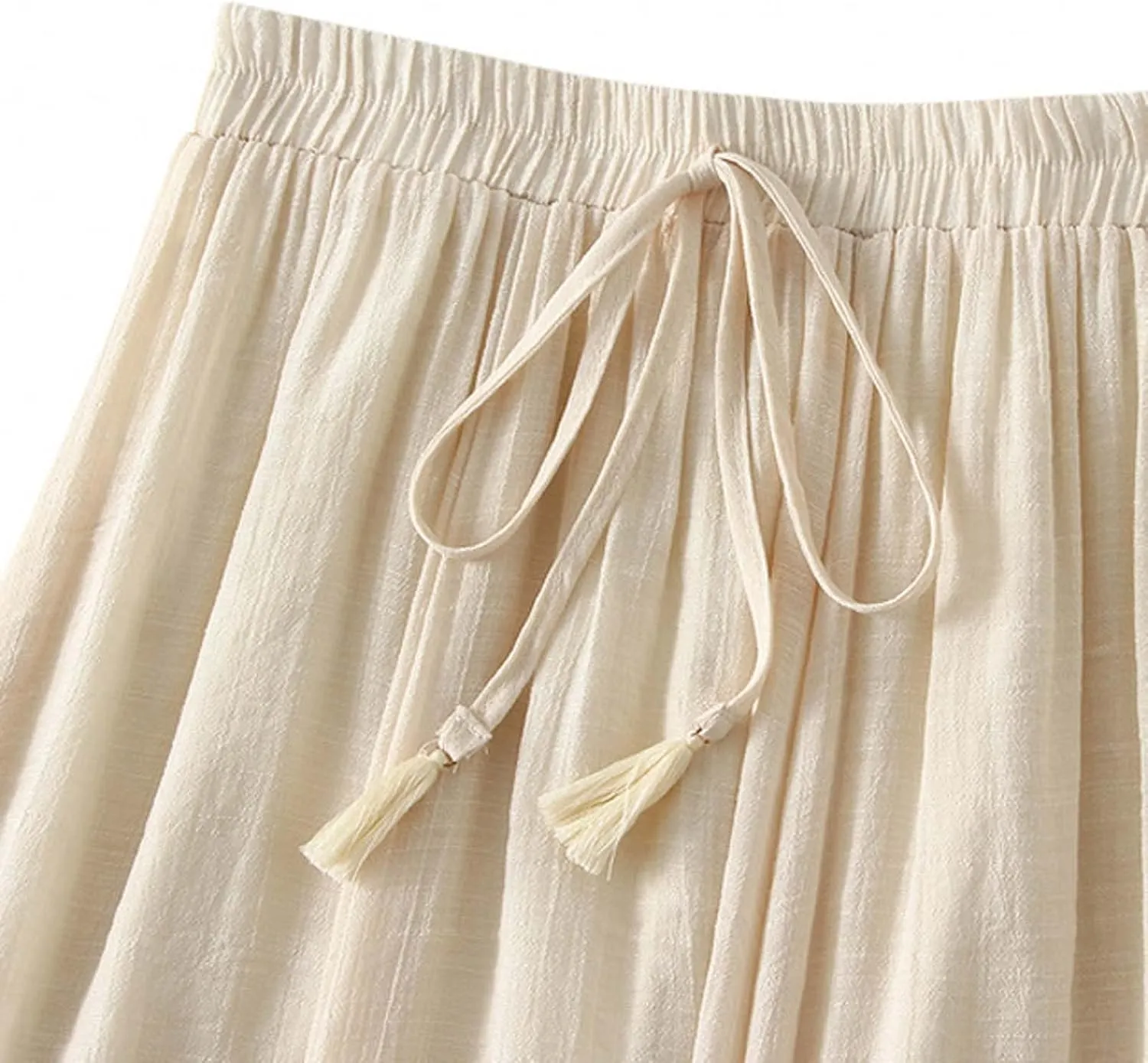 Women's Midi Linen Skirt Summer Casual Elastic Waist Drawstring Pleated Skirts A-Linen Flowy Swing Long Skirt
