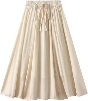 Women's Midi Linen Skirt Summer Casual Elastic Waist Drawstring Pleated Skirts A-Linen Flowy Swing Long Skirt
