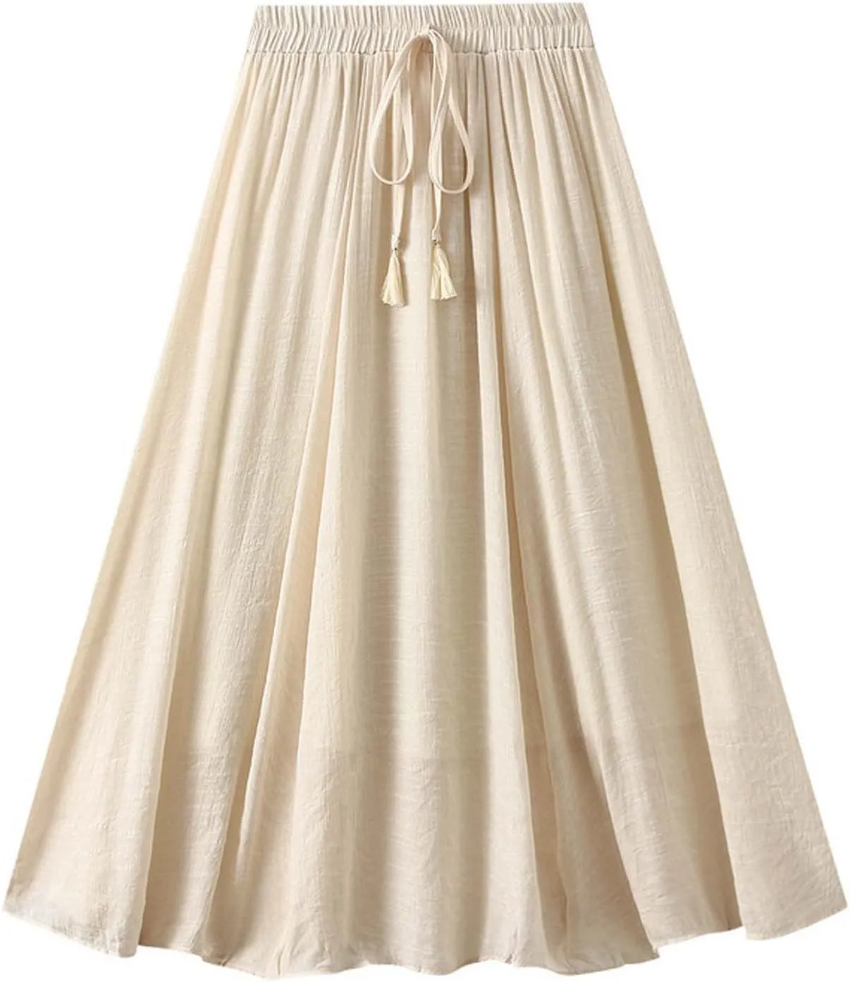 Women's Midi Linen Skirt Summer Casual Elastic Waist Drawstring Pleated Skirts A-Linen Flowy Swing Long Skirt