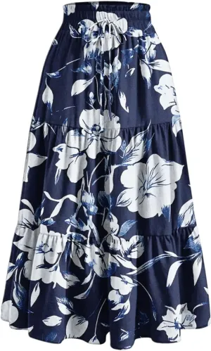 Womens Midi Skirts Trendy Loose Stretch Floral Print Boho Skirts Elastic High Waist A-Line Pleated Flowy Maxi Skirt