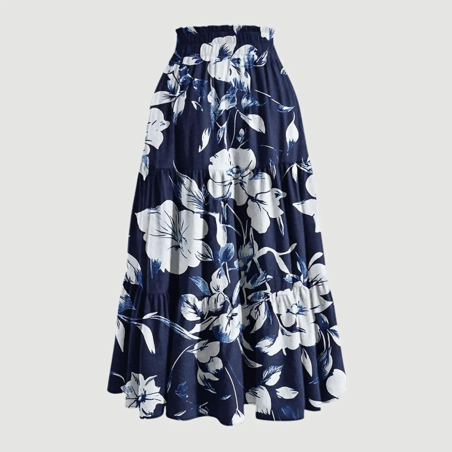 Womens Midi Skirts Trendy Loose Stretch Floral Print Boho Skirts Elastic High Waist A-Line Pleated Flowy Maxi Skirt
