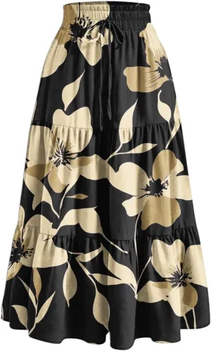 Womens Midi Skirts Trendy Loose Stretch Floral Print Boho Skirts Elastic High Waist A-Line Pleated Flowy Maxi Skirt