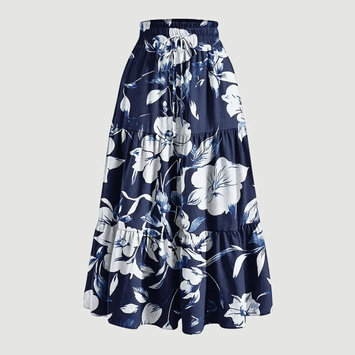 Womens Midi Skirts Trendy Loose Stretch Floral Print Boho Skirts Elastic High Waist A-Line Pleated Flowy Maxi Skirt
