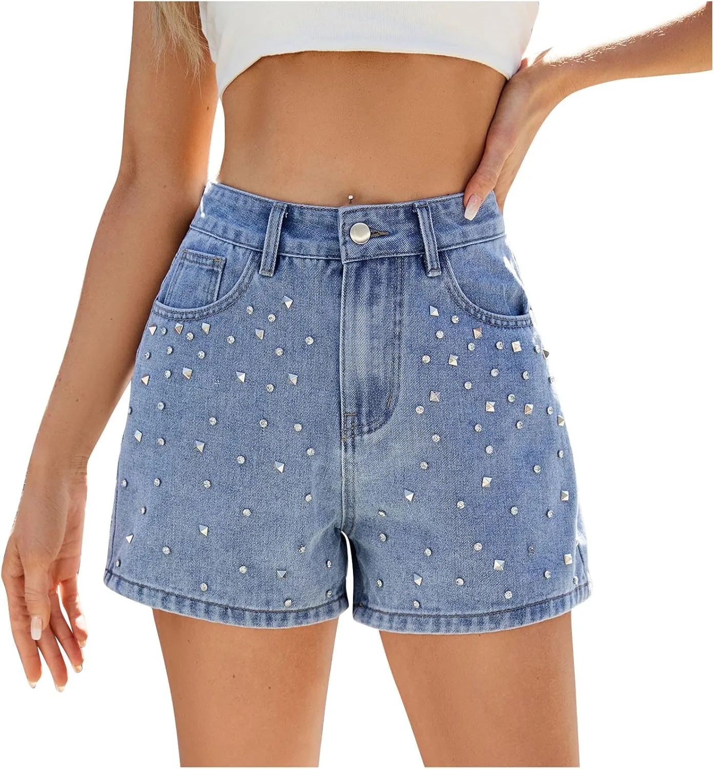 Women's Nail Bead Denim Shorts High Waisted Straight Leg Raw Hem Jean Shorts Summer Y2K Hot Pants with Pockets