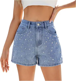 Women's Nail Bead Denim Shorts High Waisted Straight Leg Raw Hem Jean Shorts Summer Y2K Hot Pants with Pockets