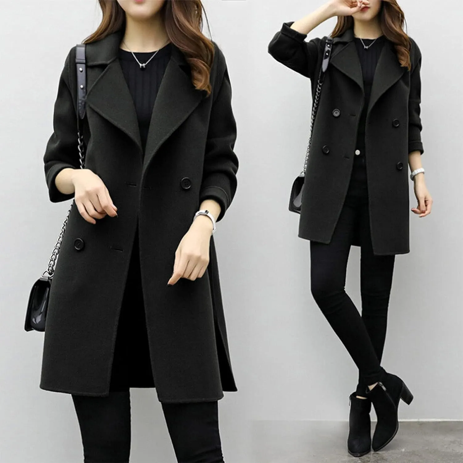 Womens Notched Lapel Collar Double Breasted Pea Coat Winter Wool Blend Over Coats Mid-Long Jackets Winter Trench Coat