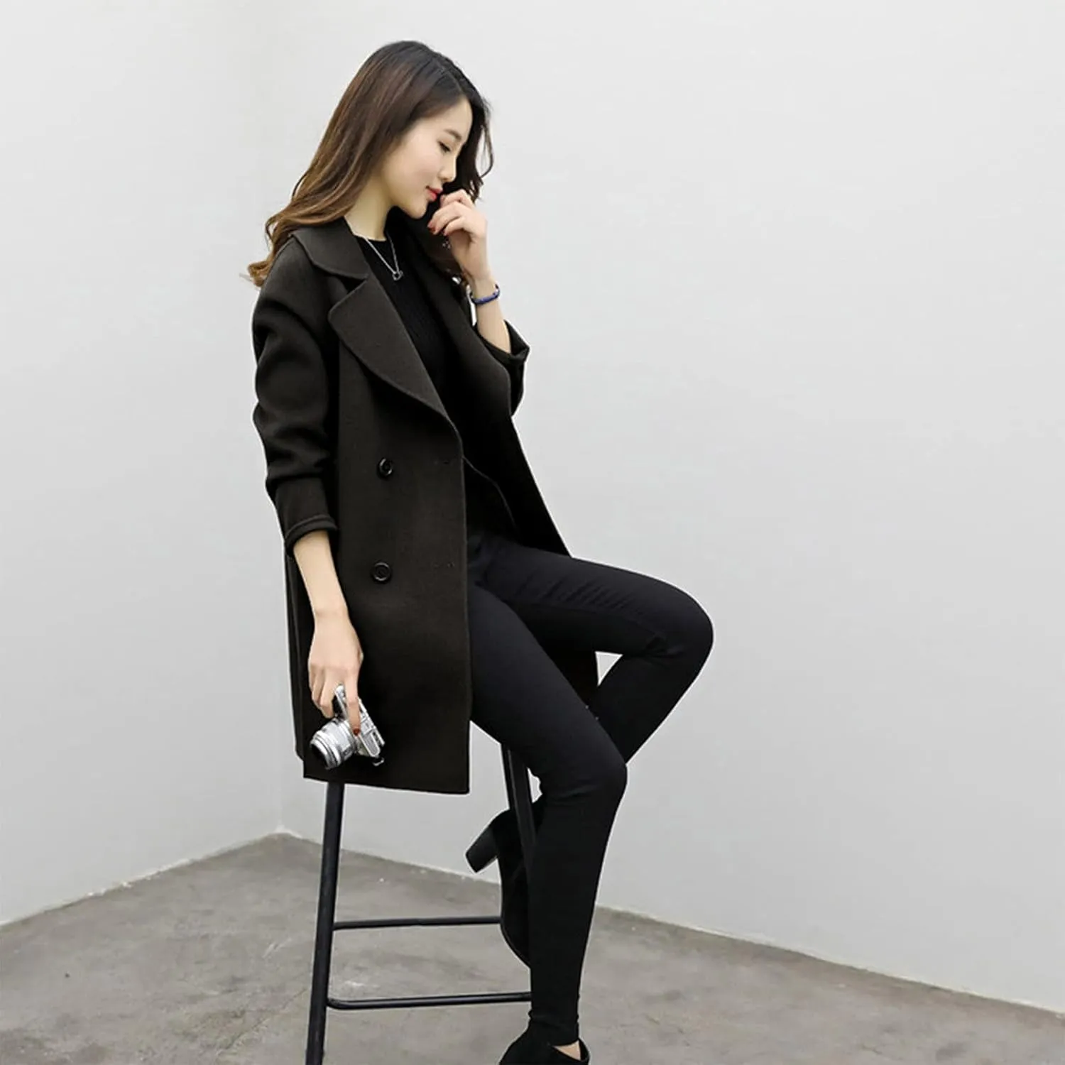 Womens Notched Lapel Collar Double Breasted Pea Coat Winter Wool Blend Over Coats Mid-Long Jackets Winter Trench Coat