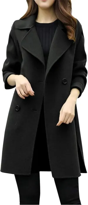 Womens Notched Lapel Collar Double Breasted Pea Coat Winter Wool Blend Over Coats Mid-Long Jackets Winter Trench Coat