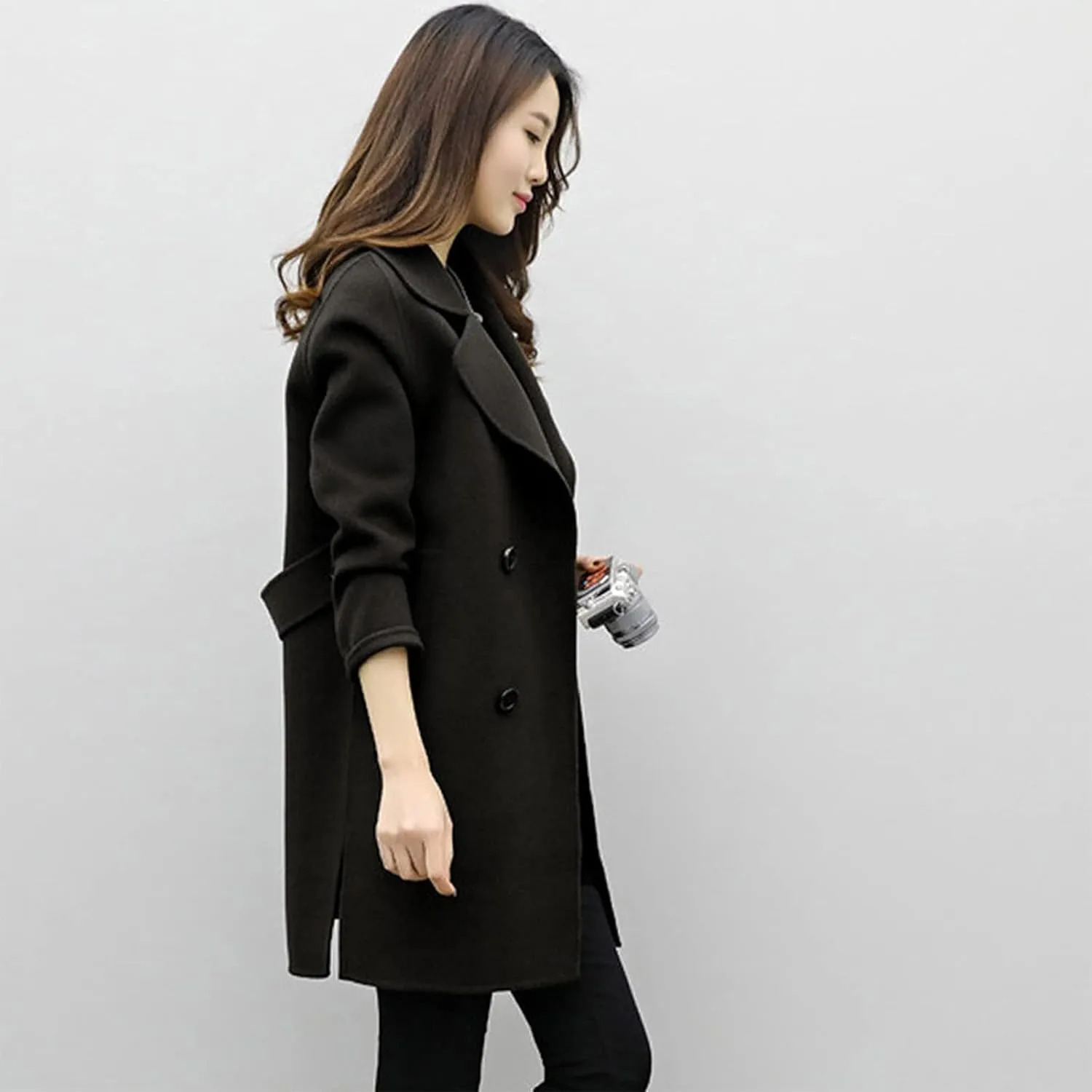 Womens Notched Lapel Collar Double Breasted Pea Coat Winter Wool Blend Over Coats Mid-Long Jackets Winter Trench Coat