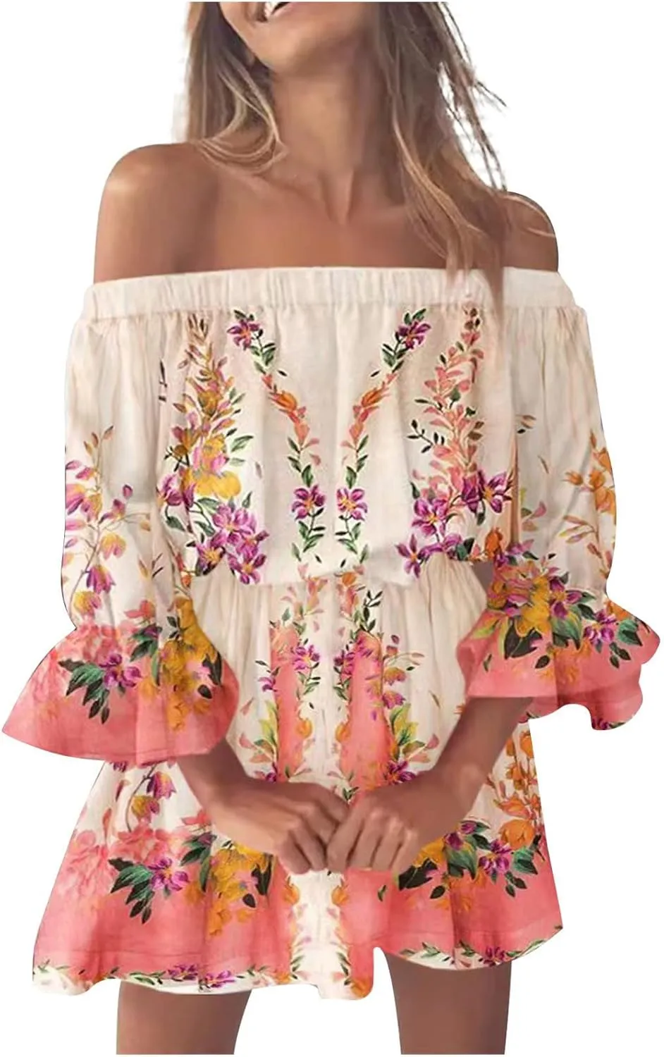 Womens Off Shoulder Summer Dresses Ruffle Floral 3/4 Sleeve Swing Mini Dress Elastic Waist A-Line Wedding Guest Dresses