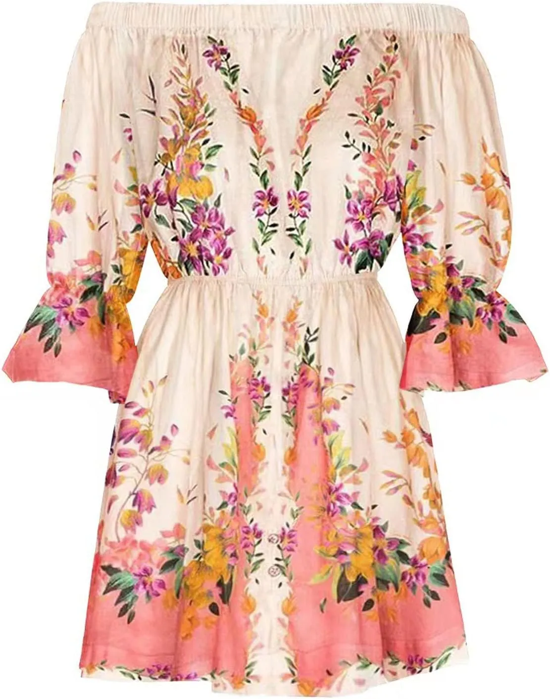 Womens Off Shoulder Summer Dresses Ruffle Floral 3/4 Sleeve Swing Mini Dress Elastic Waist A-Line Wedding Guest Dresses
