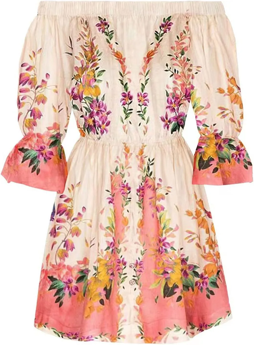 Womens Off Shoulder Summer Dresses Ruffle Floral 3/4 Sleeve Swing Mini Dress Elastic Waist A-Line Wedding Guest Dresses