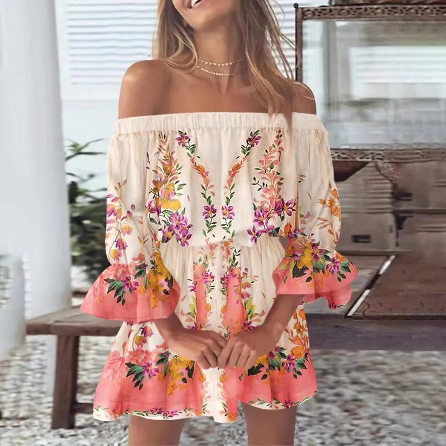 Womens Off Shoulder Summer Dresses Ruffle Floral 3/4 Sleeve Swing Mini Dress Elastic Waist A-Line Wedding Guest Dresses