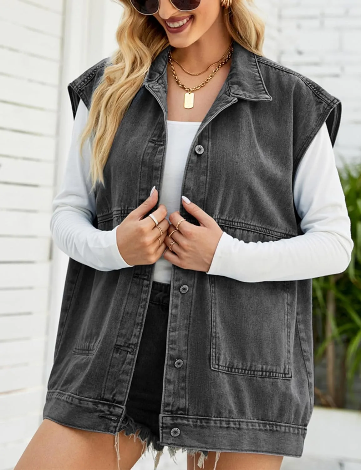 Womens Oversized Sleeveless Jean Denim Jacket Button Down Vest Top for Women Summer Waistcoat Jeans Vests Tops
