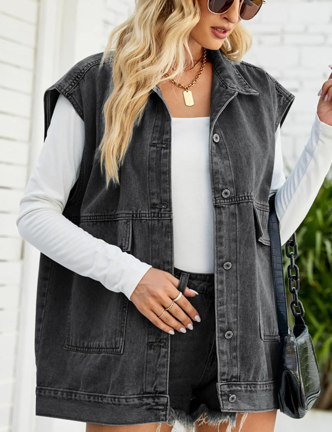 Womens Oversized Sleeveless Jean Denim Jacket Button Down Vest Top for Women Summer Waistcoat Jeans Vests Tops