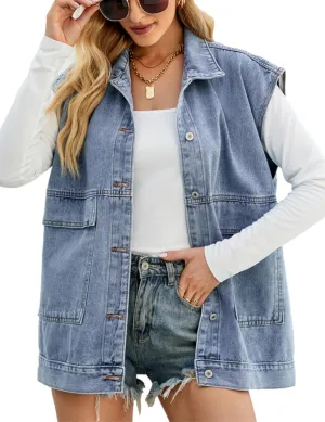 Womens Oversized Sleeveless Jean Denim Jacket Button Down Vest Top for Women Summer Waistcoat Jeans Vests Tops