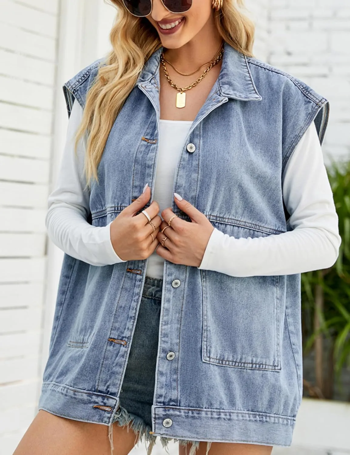 Womens Oversized Sleeveless Jean Denim Jacket Button Down Vest Top for Women Summer Waistcoat Jeans Vests Tops