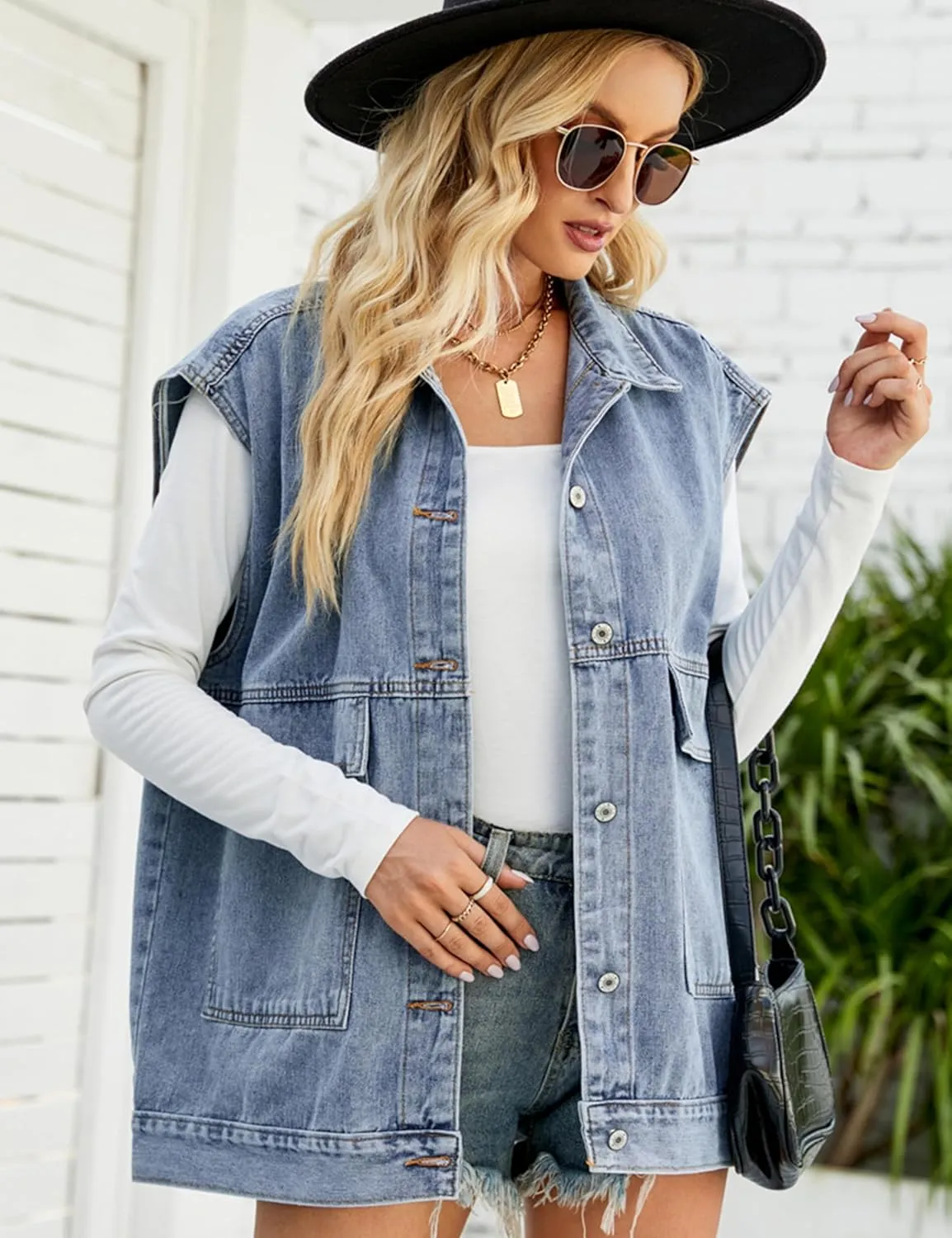 Womens Oversized Sleeveless Jean Denim Jacket Button Down Vest Top for Women Summer Waistcoat Jeans Vests Tops