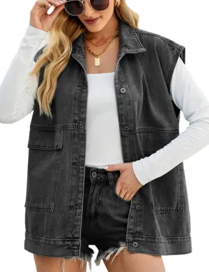 Womens Oversized Sleeveless Jean Denim Jacket Button Down Vest Top for Women Summer Waistcoat Jeans Vests Tops