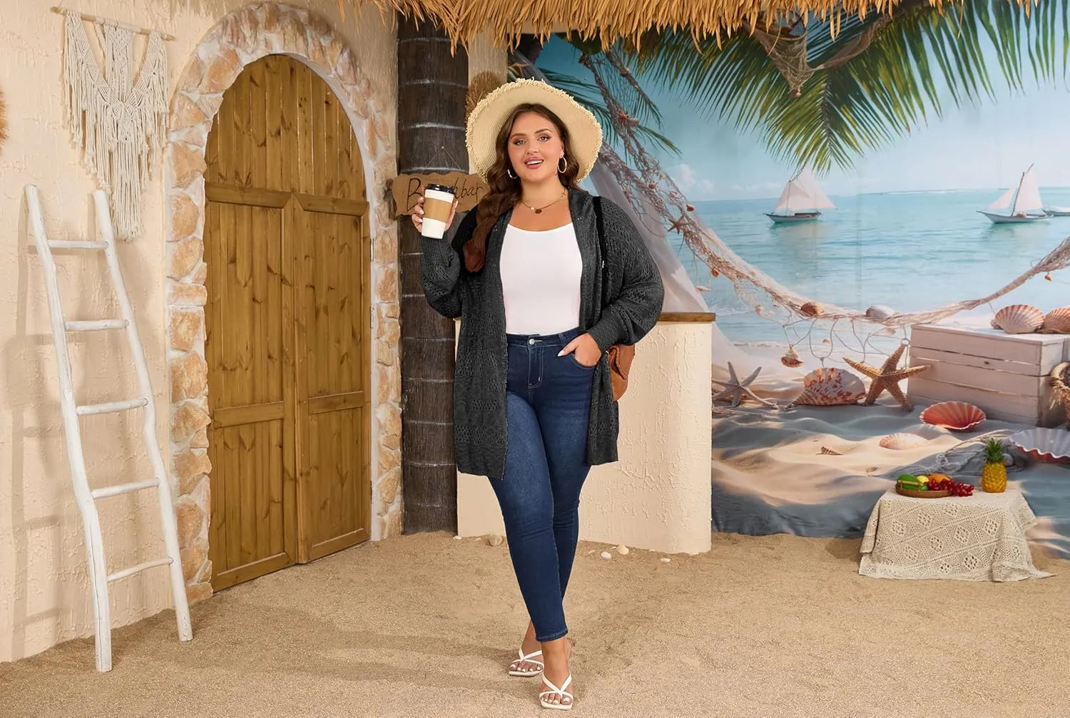 Women's Plus Size Crochet Cardigan Kimonos Boho Long Sleeve Oversized Summer Open Front Knitted Sweater Tops