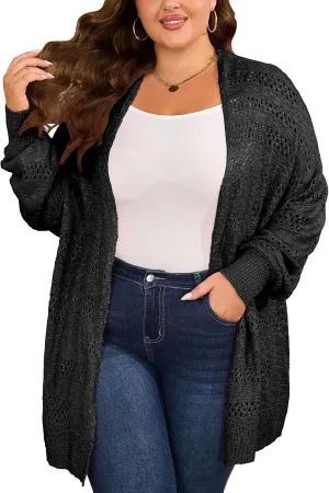 Women's Plus Size Crochet Cardigan Kimonos Boho Long Sleeve Oversized Summer Open Front Knitted Sweater Tops