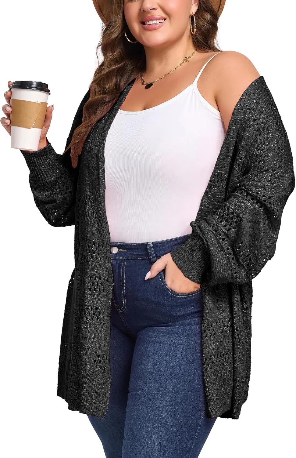 Women's Plus Size Crochet Cardigan Kimonos Boho Long Sleeve Oversized Summer Open Front Knitted Sweater Tops