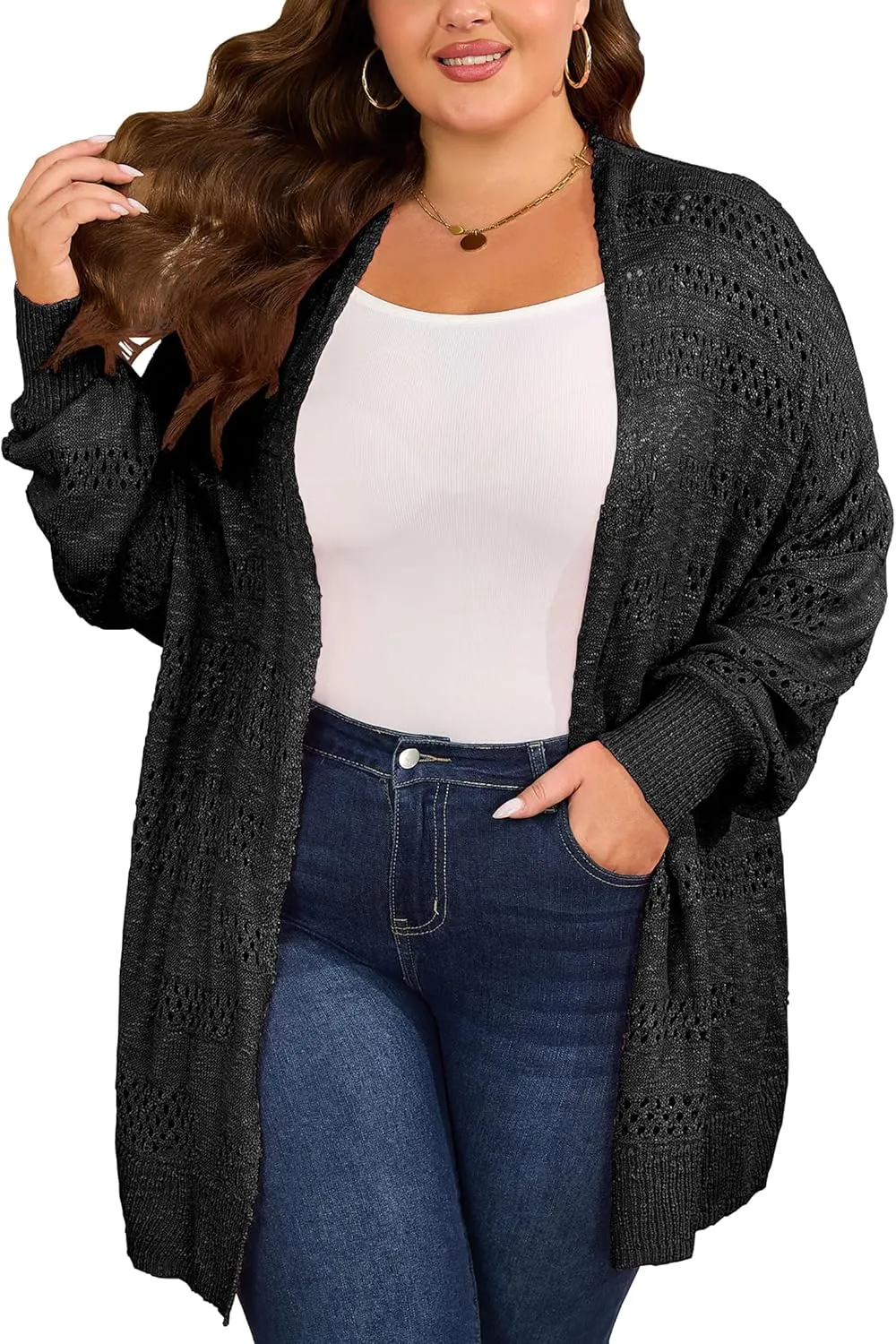 Women's Plus Size Crochet Cardigan Kimonos Boho Long Sleeve Oversized Summer Open Front Knitted Sweater Tops