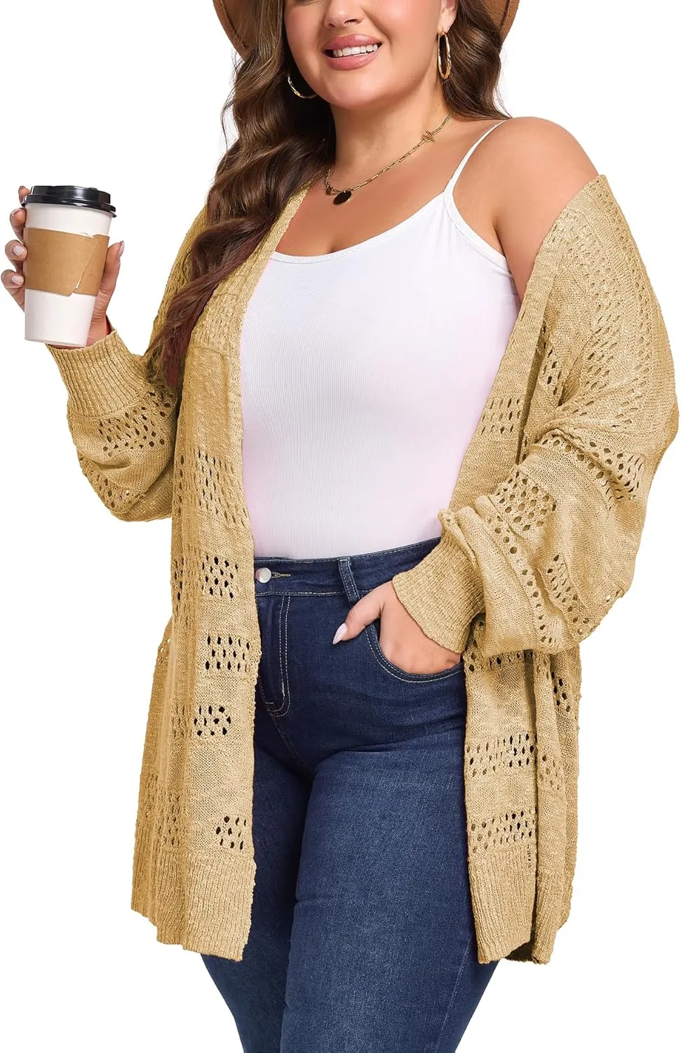 Women's Plus Size Crochet Cardigan Kimonos Boho Long Sleeve Oversized Summer Open Front Knitted Sweater Tops
