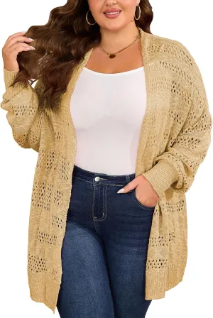 Women's Plus Size Crochet Cardigan Kimonos Boho Long Sleeve Oversized Summer Open Front Knitted Sweater Tops