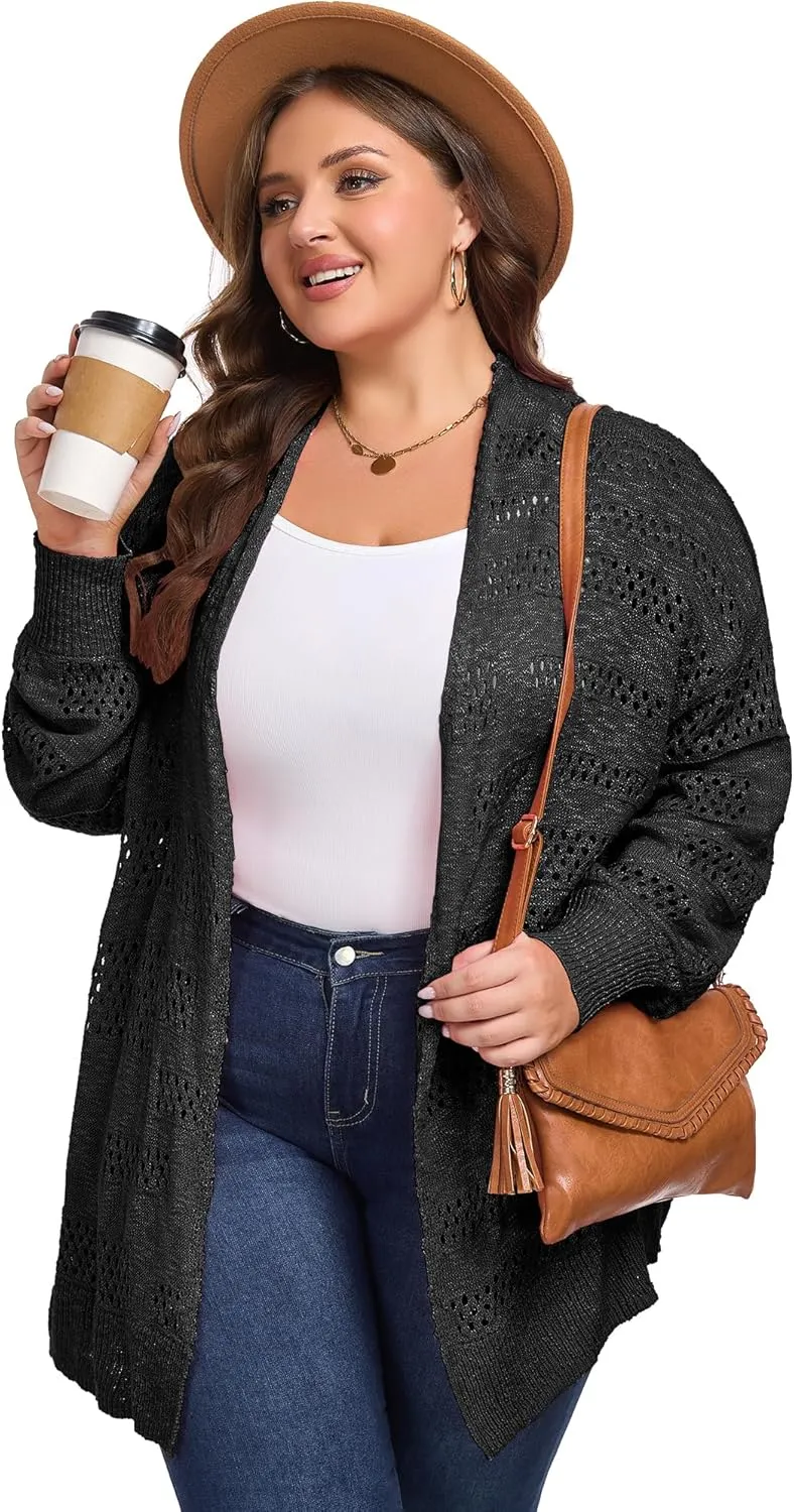 Women's Plus Size Crochet Cardigan Kimonos Boho Long Sleeve Oversized Summer Open Front Knitted Sweater Tops