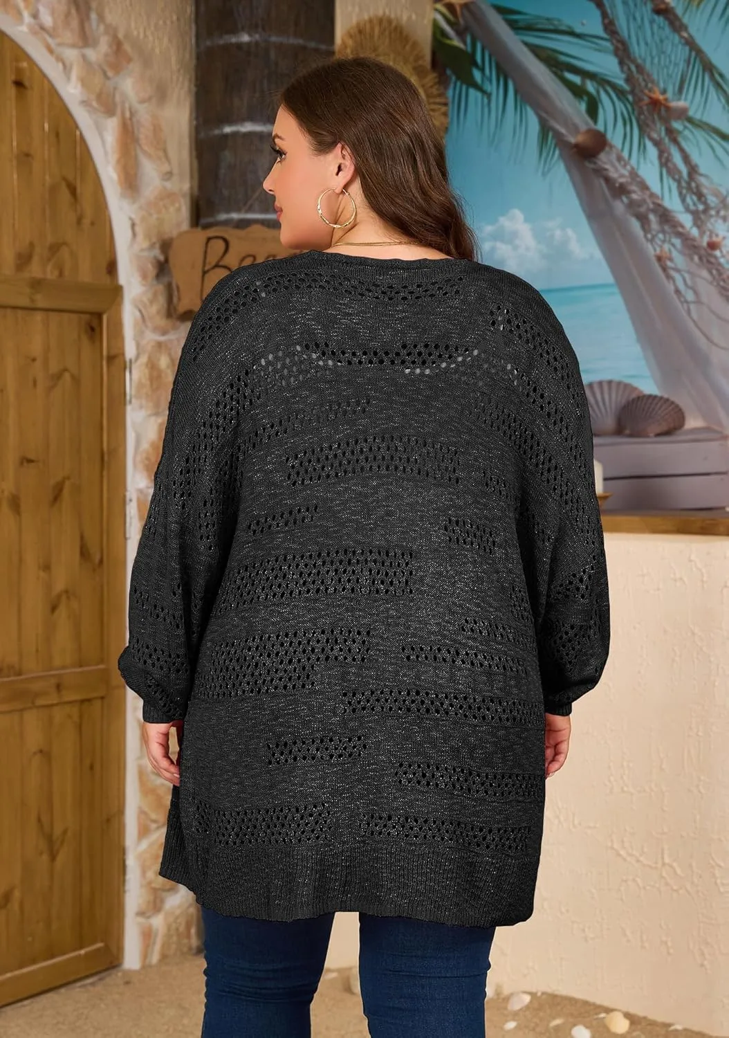 Women's Plus Size Crochet Cardigan Kimonos Boho Long Sleeve Oversized Summer Open Front Knitted Sweater Tops