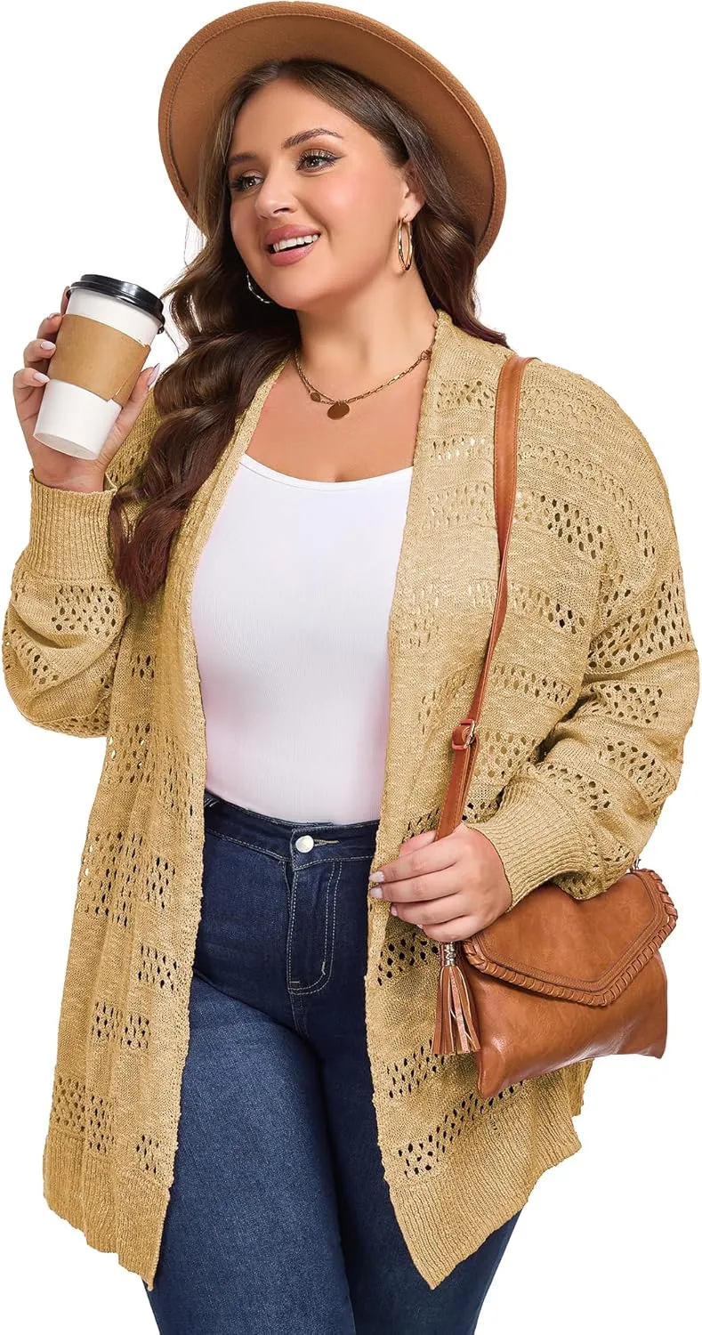 Women's Plus Size Crochet Cardigan Kimonos Boho Long Sleeve Oversized Summer Open Front Knitted Sweater Tops