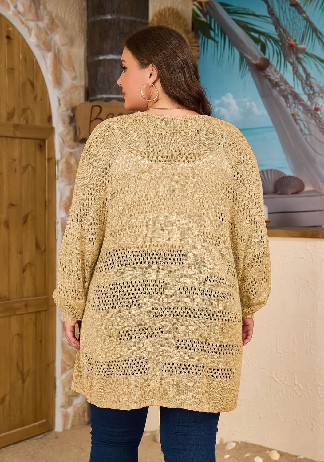 Women's Plus Size Crochet Cardigan Kimonos Boho Long Sleeve Oversized Summer Open Front Knitted Sweater Tops