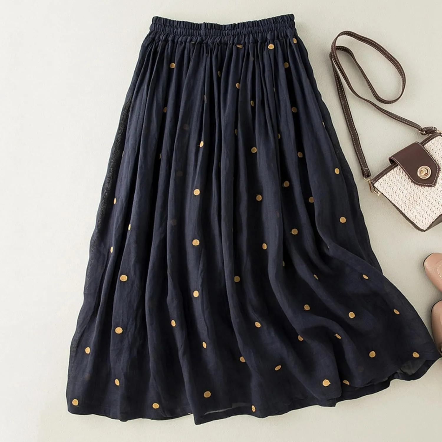 Womens Polka Dot Linen Maxi Skirt Summer Comfy Tiered Elastic High Waisted Aline Flowy Swing Pleated Skirts for Women