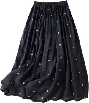 Womens Polka Dot Linen Maxi Skirt Summer Comfy Tiered Elastic High Waisted Aline Flowy Swing Pleated Skirts for Women