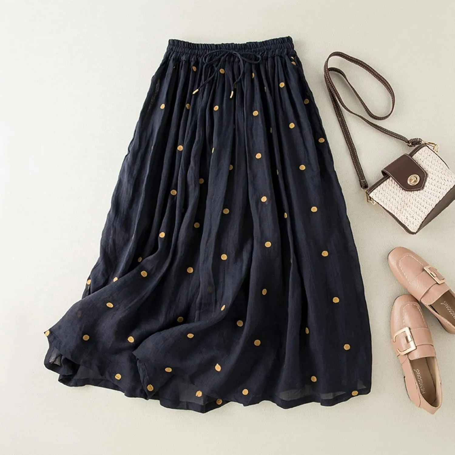 Womens Polka Dot Linen Maxi Skirt Summer Comfy Tiered Elastic High Waisted Aline Flowy Swing Pleated Skirts for Women