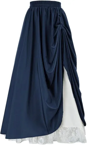 Women's Renaissance Skirt Victorian Peasant Double-Layer Maxi Long Skirts Casual Elastic Waisted Skirt Retro Costumes