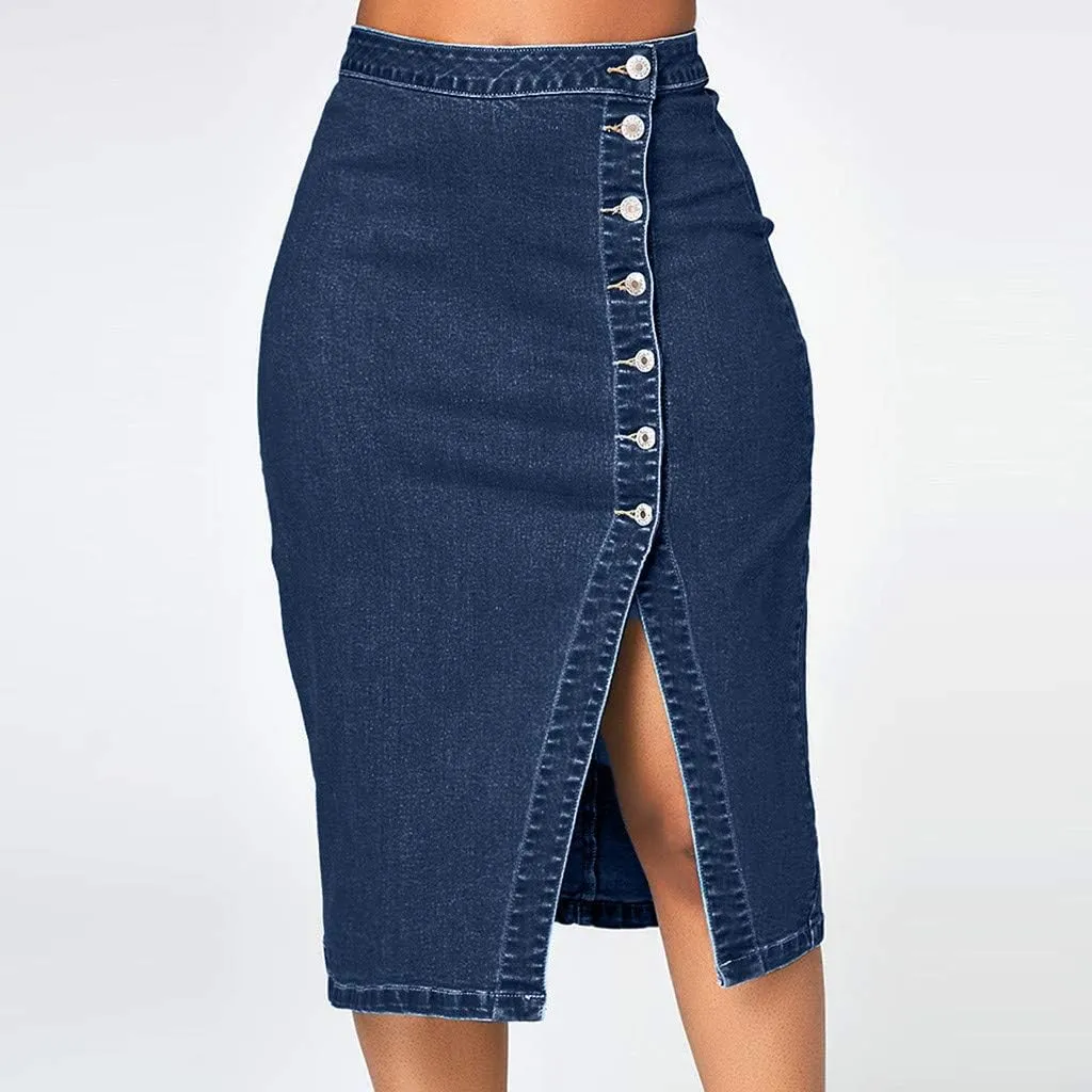 Women's Retro Exposure Button/Zipper-Fly Full Length A-Line Fishtail Maxi Long Washed Denim Jean Skirt Split Hem Skirts