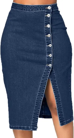 Women's Retro Exposure Button/Zipper-Fly Full Length A-Line Fishtail Maxi Long Washed Denim Jean Skirt Split Hem Skirts