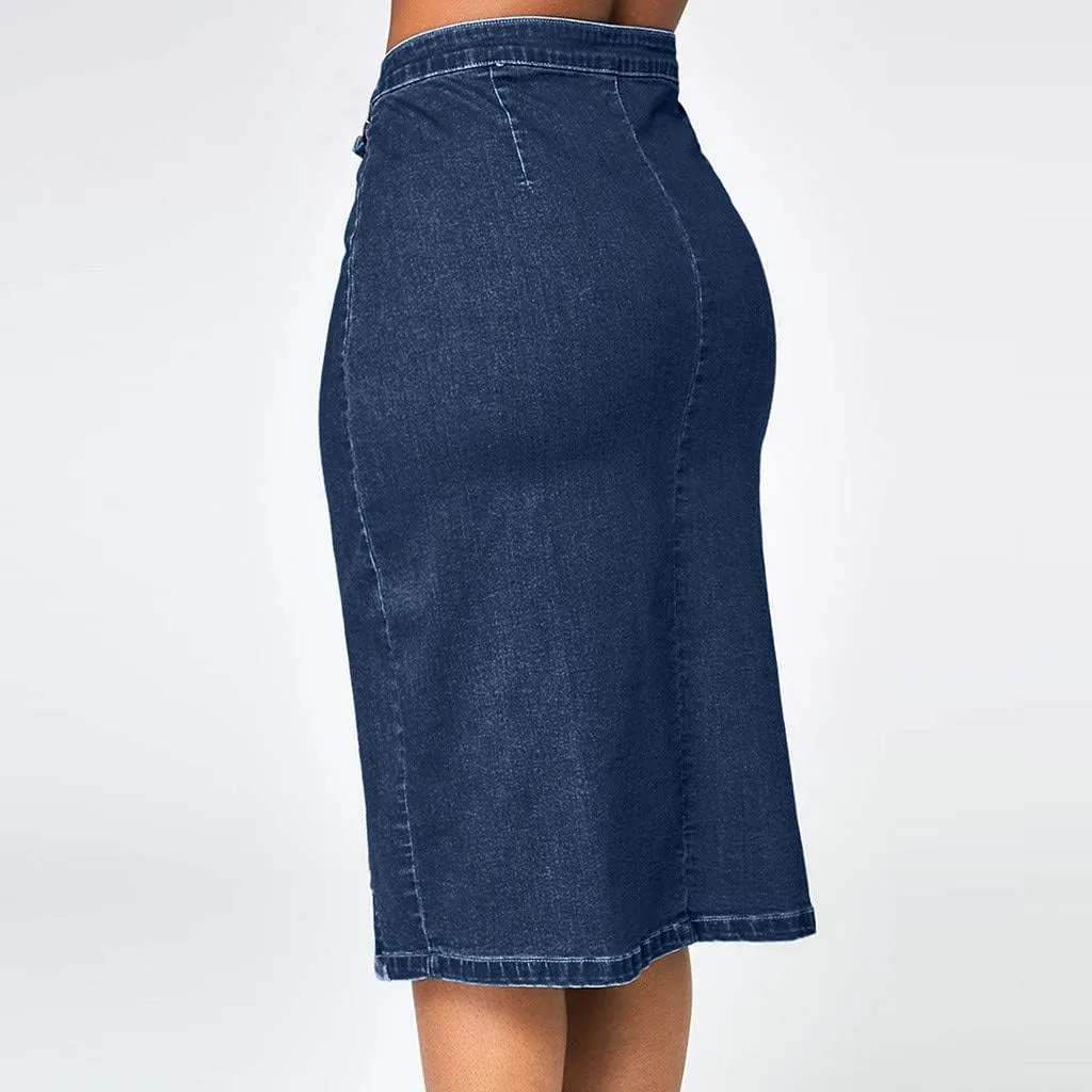 Women's Retro Exposure Button/Zipper-Fly Full Length A-Line Fishtail Maxi Long Washed Denim Jean Skirt Split Hem Skirts