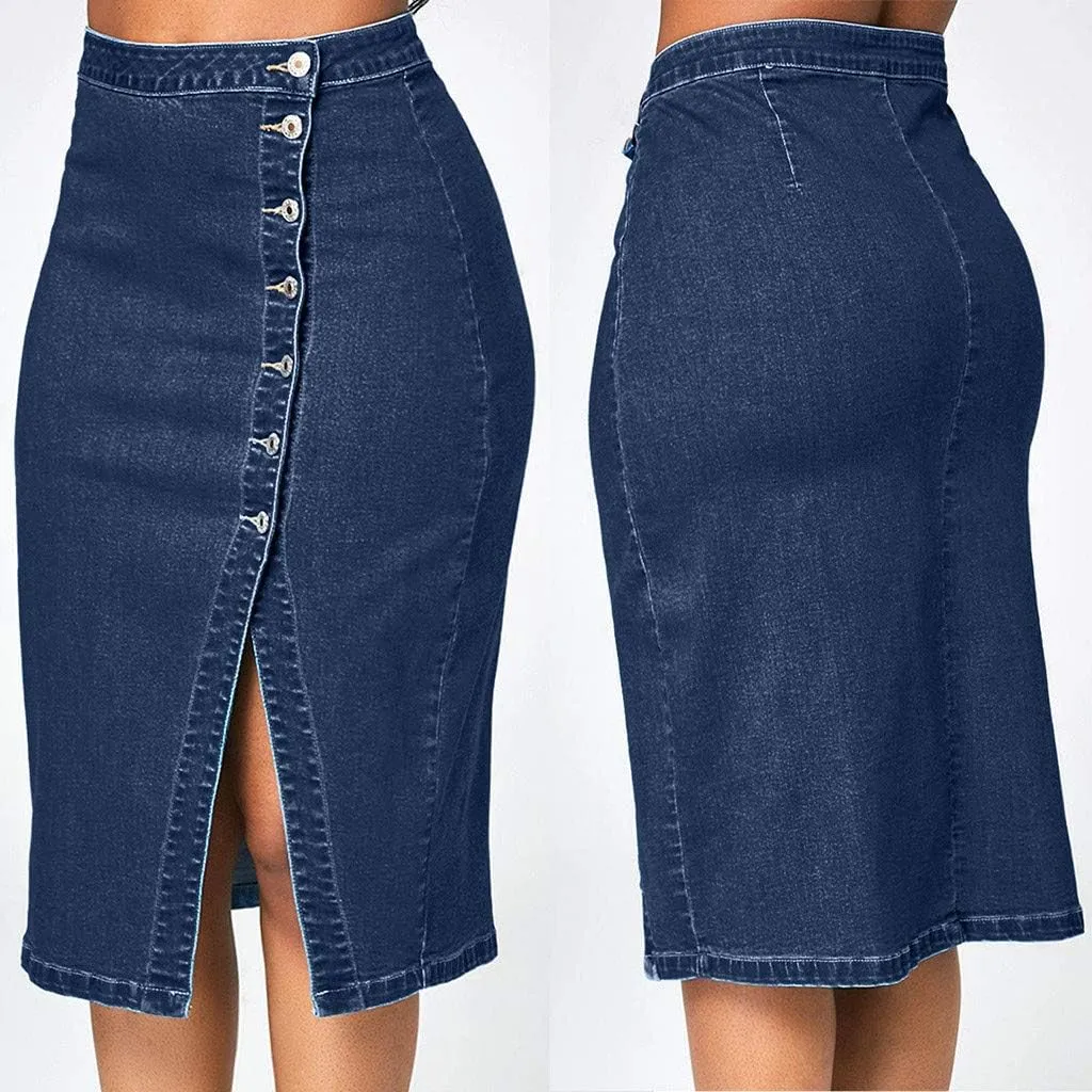 Women's Retro Exposure Button/Zipper-Fly Full Length A-Line Fishtail Maxi Long Washed Denim Jean Skirt Split Hem Skirts