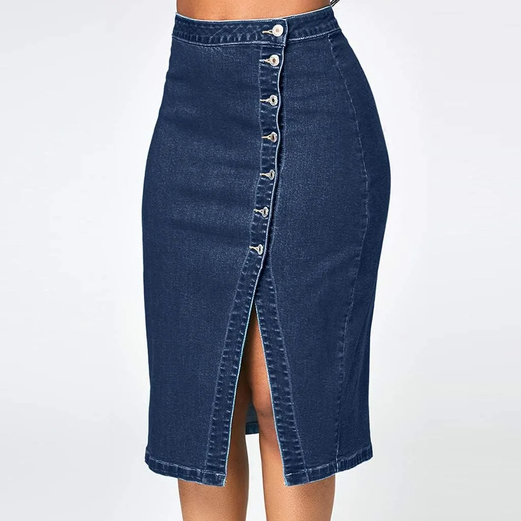 Women's Retro Exposure Button/Zipper-Fly Full Length A-Line Fishtail Maxi Long Washed Denim Jean Skirt Split Hem Skirts