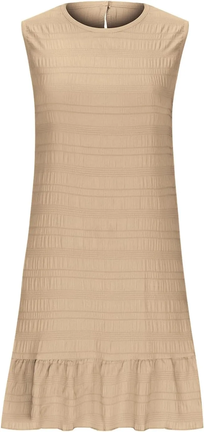 Women's Ruffle Hem Tank Dress Round Neck Sleeveless Casual Smocked Sundress 2025 Summer Trendy Mini Dresses