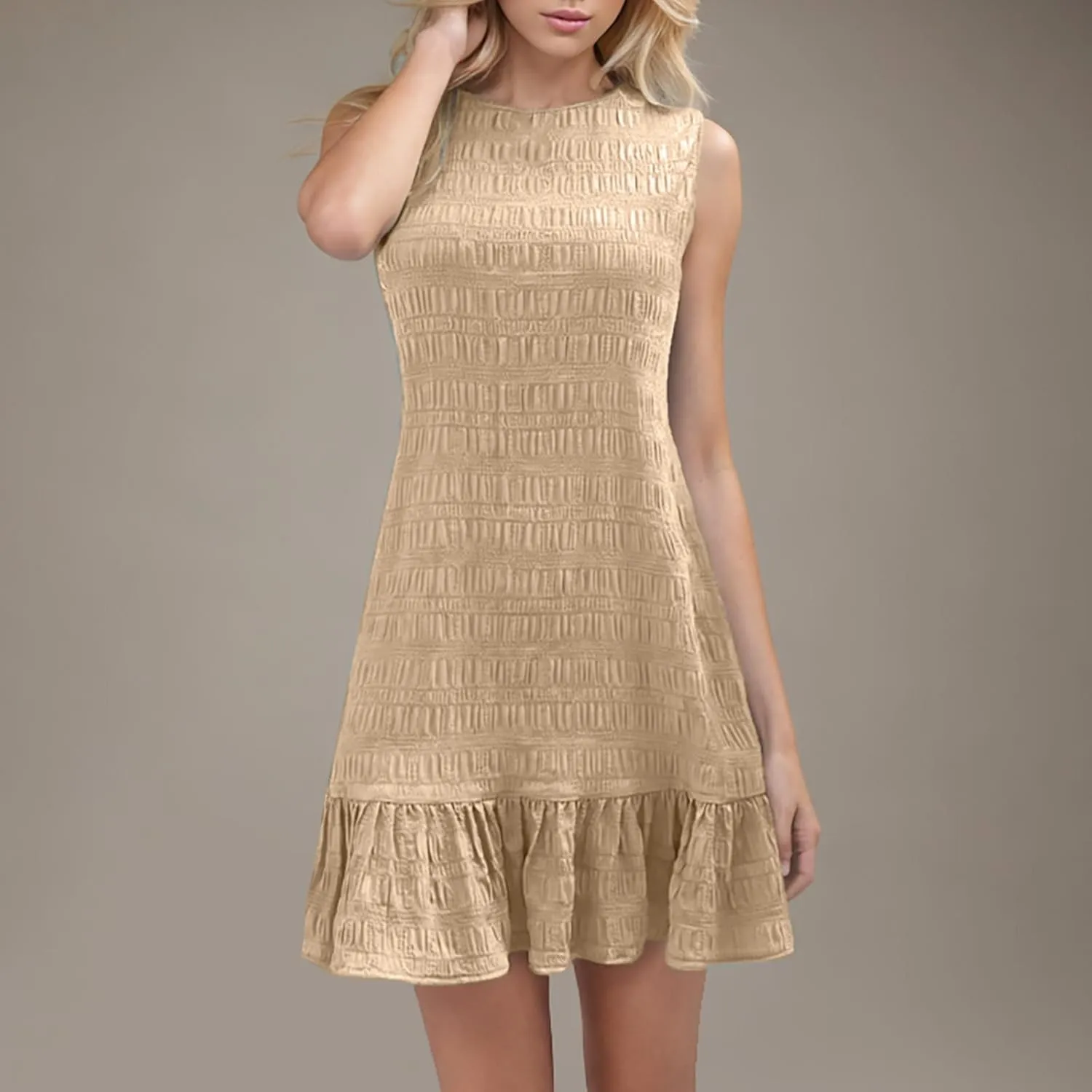 Women's Ruffle Hem Tank Dress Round Neck Sleeveless Casual Smocked Sundress 2025 Summer Trendy Mini Dresses