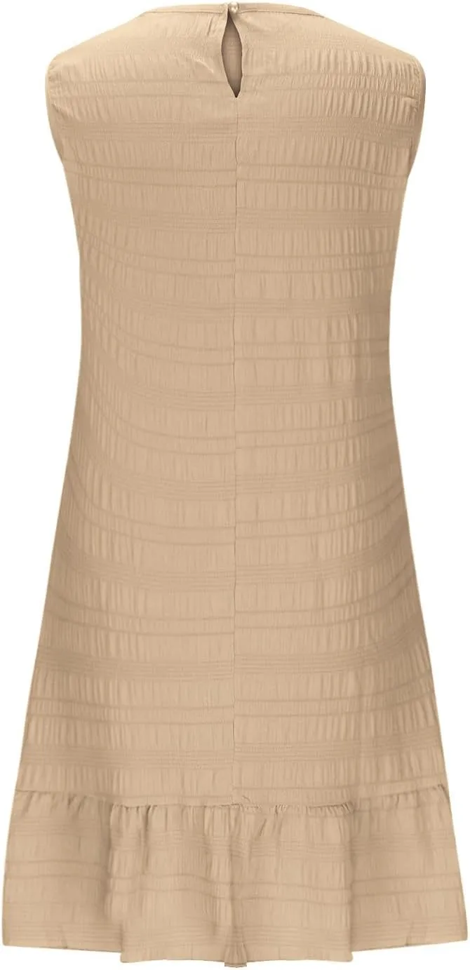 Women's Ruffle Hem Tank Dress Round Neck Sleeveless Casual Smocked Sundress 2025 Summer Trendy Mini Dresses